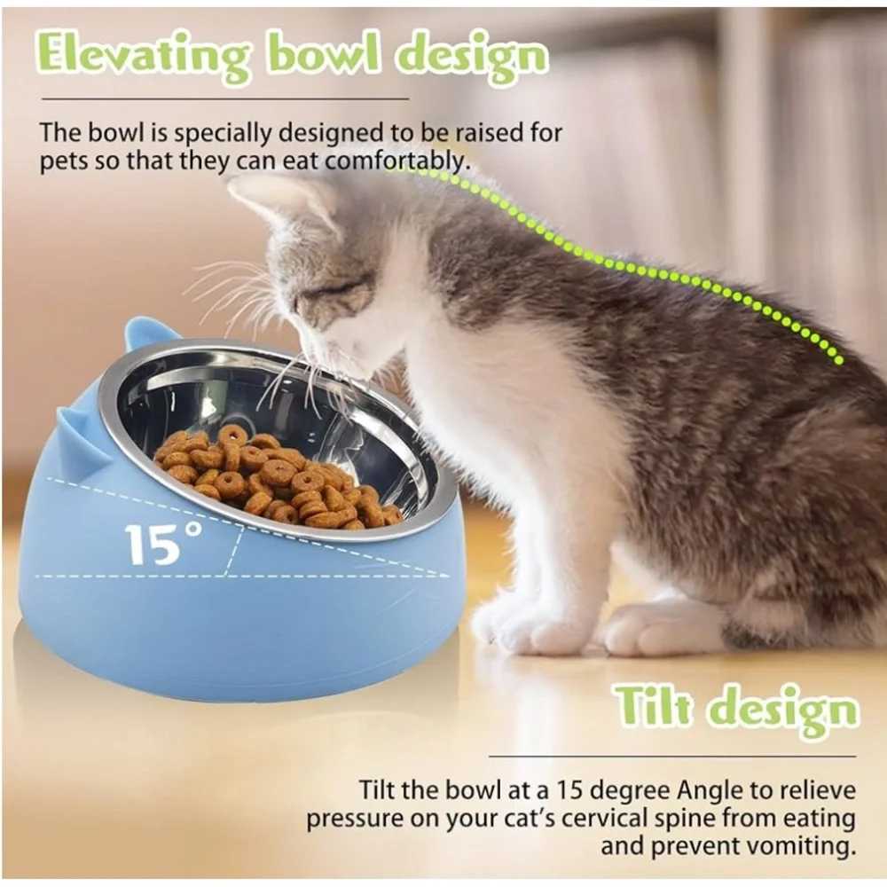 Blue or Green 400ml - Medium New -Raised Cat Bowls, Tilted Stainless Steel-